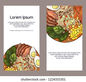 Set of vertical banners with color ramen and place for the text on white background. Vector template for menus, cards, recipes and your design.