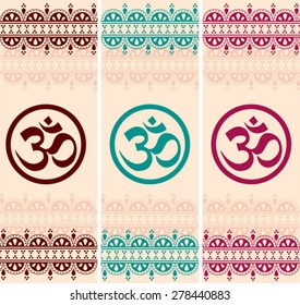 Set of vertical banners with colorful Indian henna border designs and aum symbol