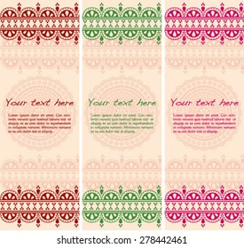 Set of vertical banners with colorful Indian henna border and mandala designs and space for text