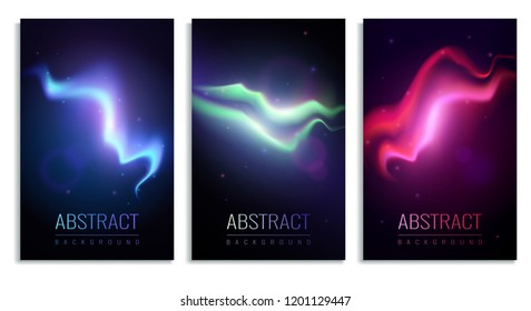Set of vertical banners with colorful northern lights on dark background realistic isolated vector illustration