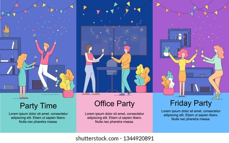 Set of Vertical Banners with Copy Space. Friday Office Party Time. Joyful Colleagues Celebrating Holiday. Happy Business Men and Women Have Fun at Office Party. Linear Cartoon Flat Vector Illustration