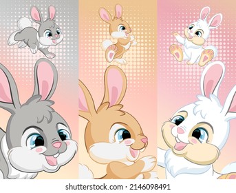 Set of vertical banners with cute rabbits. Three posters with cartoon animals. Vector illustration. Background with hares. For print, bookmarks, stationery and souvenirs, fabric and clothing design