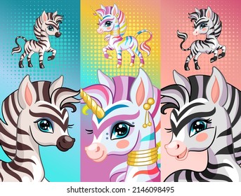 Set von vertikalen Bannern mit süßen Zebras. Drei Plakate mit Cartoon-Tieren. Vektorgrafik. Hintergrund mit Zebras. Für Druck, Lesezeichen, Schreibwaren und Souvenirs, Stoffe und Kleidung