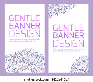 Set of vertical banners with delicate pattern of plants, branches with leaves and watercolor splashes. Objects separate from the background. Vector template for invitations, vouchers and your design