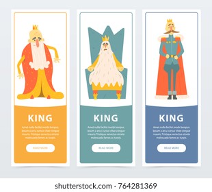 Set of vertical banners with different funny kings wearing golden crowns and mantles. Cartoon flat characters
