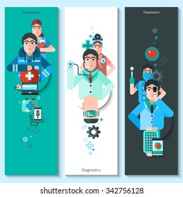 Set of vertical banners with doctor characters presenting ambulance diagnostics and treatment flat vector illustration