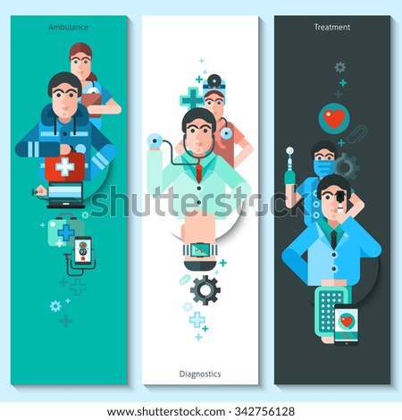 Set of vertical banners with doctor characters presenting ambulance diagnostics and treatment flat vector illustration