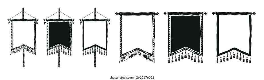 Set of vertical banners drawn in the style of old woodcut, linocut. Medieval pennants, emblem, coat of arms. Editable vector illustration.
