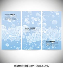 Set of vertical banners. Drops in the blue water vector background.