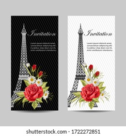 Set of vertical banners with Eiffel Tower and flowers.