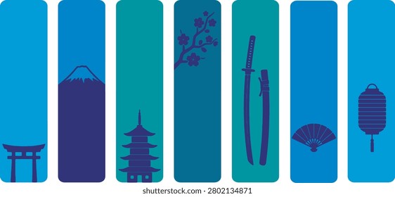 A set of vertical banners featuring iconic Japanese symbols like Mount Fuji, a pagoda, cherry blossoms, a katana, a fan, and a lantern.
