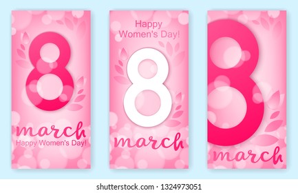 Set of vertical banners, festive background - 8 March, happy women's day, spring and flowers. Vector