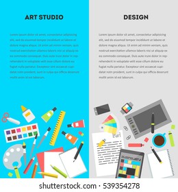 Set vertical banners, flat design vector illustration of modern creative office workspace, workplace of a designer, art studio. The office of a creative worker. Flat style and color for web mobile