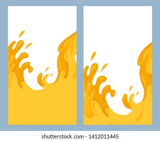 Set of vertical banners with flat illustration of pouring juice. Nectar flow. Streams and drops of juicy water.  Vector template for invitations, vouchers and your design