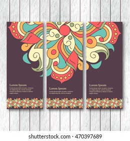 Set of vertical banners, flyers, cards with hand drawn abstract tribal elements. Vintage oriental style. Indian, asian, arabic, islamic, ottoman motif. Vector illustration. 