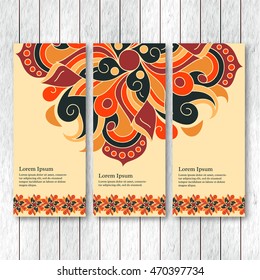 Set of vertical banners, flyers, cards with hand drawn abstract tribal elements. Vintage oriental style. Indian, asian, arabic, islamic, ottoman motif. Vector illustration. 