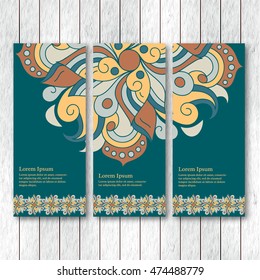 Set of vertical banners, flyers, cards with hand drawn abstract tribal elements. Vintage oriental style. Indian, asian, arabic, islamic, ottoman motif. Vector illustration. 