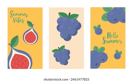 Set of vertical banners with fruits. Figs, grapes, blueberries. Vector illustration in flat style.