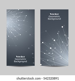 Set of vertical banners. Geometric pattern with connected lines and dots. Vector illustration on dark background.
