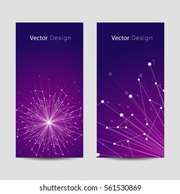 Set of vertical banners. Geometric pattern with connected lines and dots. Vector illustration on violet background.