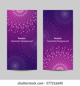 Set of vertical banners. Geometric pattern with connected lines and dots. Vector illustration on violet background.