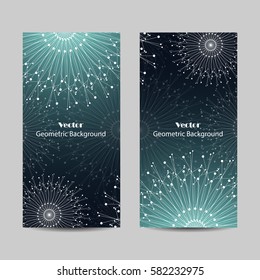Set of vertical banners. Geometric pattern with connected lines and dots. Vector illustration on turquoise background.