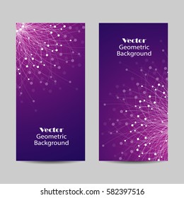 Set of vertical banners. Geometric pattern with connected lines and dots. Vector illustration on violet background.