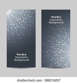 Set of vertical banners. Geometric pattern with connected lines and dots. Vector illustration on blue background.