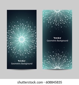 Set of vertical banners. Geometric pattern with connected lines and dots. Vector illustration on dark background.