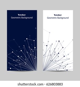 Set of vertical banners. Geometric pattern with connected lines and dots. Vector illustration on blue and white background.