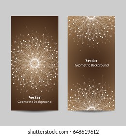 Set of vertical banners. Geometric pattern with connected lines and dots. Vector illustration on brown background.