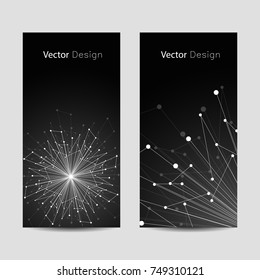 Set of vertical banners. Geometric pattern with connected lines and dots. Vector illustration on black background.