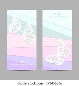 Set of vertical banners. Geometrical background in material design style with paper butterflies.