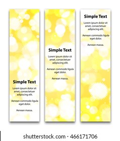 Set vertical banners of glowing multibeam stars on a yellow background. Vector EPS 10.