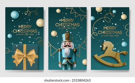 Set of vertical banners with gold, green Christmas symbols and text. Christmas Nutcracker, gift, balls, golden tinsel confetti and rocking horse toy on green luxury background, vector illustration