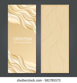 Set vertical banners with golden volumetric waves. Space for your message.