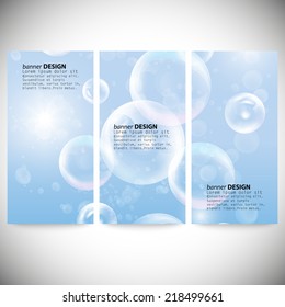 Set of vertical banners. Group of transparent spheres on blue background.