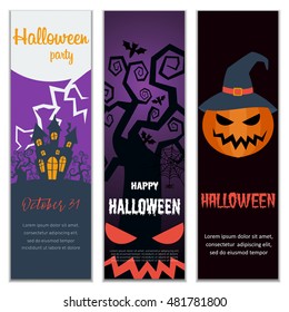 Set of vertical banners for halloween party invitation. Vector retro autumn posters with pumpkins, trees, creepy castle.