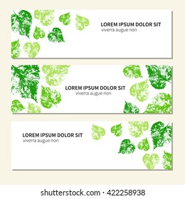 Set of vertical banners with hand drawn vector sketch green leaves isolated on white, imprint  stamp leaf, Designed vector frame with space for text, template for cosmetics, natural organic product