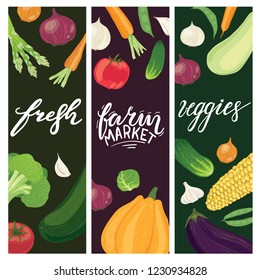 Set of vertical banners with hand-drawn vegetables and lettering, healthy eating and vegetarian theme