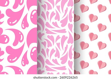Set of vertical banners with hearts. Set of seamless patterns with hearts for Valentine's Day. Groovy, paper hearts. Good for cards, wrapping paper, cover design, surfaces, textile, wallpaper, prints