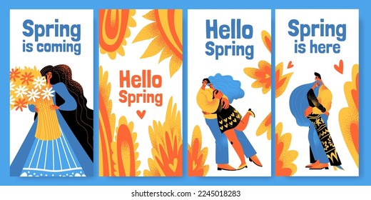 Set of vertical banners Hello spring with funny characters and decorative flowers. Vector illustration in flat style
