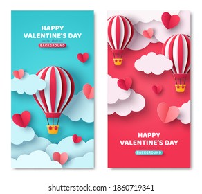 Set of vertical banners with hot air balloon, hearts and paper cut clouds. Romantic design for honeymoon trip. Place for text. Happy Valentines day sale voucher template with hearts.