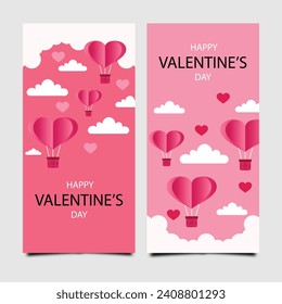 Set of vertical banners with hot air balloon, hearts and paper cut clouds