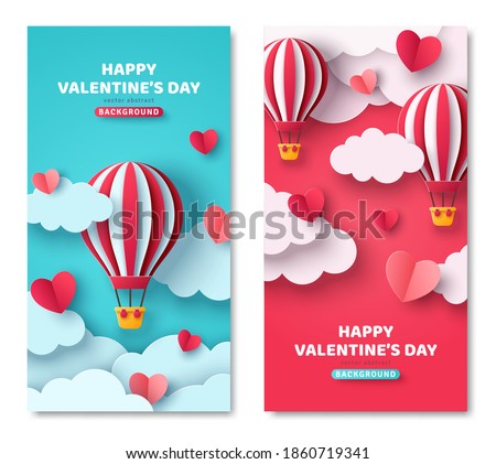 Set of vertical banners with hot air balloon, hearts and paper cut clouds. Romantic design for honeymoon trip. Place for text. Happy Valentines day sale voucher template with hearts.