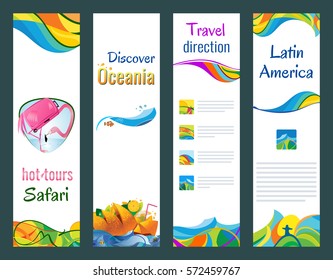 Set of vertical banners, hot tours safari, discover oceania, travel direction, latin america, vector illustration.