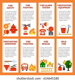 Set of vertical banners with icons of firefighting items and symbols. Vector illustration. Flat design. 