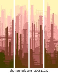 Set of vertical banners: industrial area with factories, refineries and power plants.