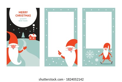 Set of vertical banners, set of Instagram stories templates. Cute christmas gnomes