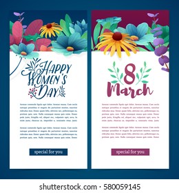 Set of vertical banners for the International Women's Day. Flyers March 8 with the decor of flowers. Invitations with floral frame for the Women's Day. Vector